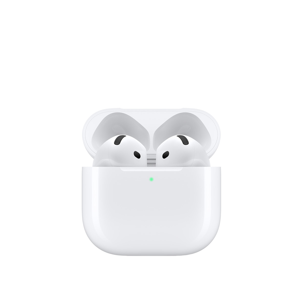 Apple AirPods 5 earbuds and charging case, photographed on a white background